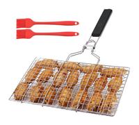 Panier Barbecue avec Poignée Amovible & 2 Brosses Silicone, Grille Poisson Pliable Acier Inoxydable, Accessoires Griller Portable pour Steak, Crevettes, Légumes, Viande (32 x 21.5cm)