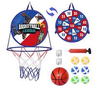 Panier Basket Enfant avec Jeu Flechette, 2 in 1 Balles Collantes et Mini Basket-Ball Jouet, Double Face Sécurité Sport Jeux, Jeu Intérieurs et Extérieurs Enfant Cadeau Garçon Fille (Bleu)