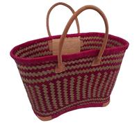 Panier Cabas en Jonc anses et coins cuir renforcés Fushia