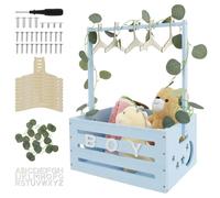 Panier cadeau pour bébé avec poignée, 40 x 30 x 20 cm, avec 26 lettres en bois, 1 couronne d'eucalyptus, caisse pour bébé en bois, bon cadeau pour les amis pendant les vacances (bleu ciel)