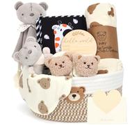 Panier cadeau pour bébé, panier pour nouveau-né avec panier à couches, livre sensoriel pour bébé, couverture, emmaillotage, chaussettes, hochet, bavoir, cartes d'étapes | Boîte cadeau de fête
