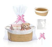 Panier Cadeau Vide 30 x 20 x 12 cm - Corde de Coton Tressé avec Sacs Cadeaux et Rubans - Panier pour Cadeau pour Noël, Anniversaire, Mariage, Baby Shower (Kaki Blanc)
