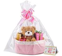 Panier Cadeau Vide 30 x 20 x 12cm-Panier Tressé avec Sac Cadeau et Ruban,Panier Présentoir Vide pour Pâques,Baby Shower,Mariage,Action de Grâce et Noël,Idéal comme Panier de Rangement (Blanc-Rose)
