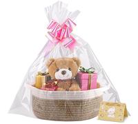 Panier Cadeau Vide 30 x 20 x 12cm-Panier Tressé avec Sac Cadeau et Ruban,Panier Présentoir Vide pour Pâques,Baby Shower,Mariage,Action de Grâce et Noël,Idéal comme Panier de Rangement (Blanc-marron)