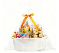 Panier Cadeau Vide à Garnir avec Poignée, Sacs Cadeaux et Rubans, 30x20x12cm Panier Garni a Offrir Tissé en Corde Coton Réutilisable Blanc pour Fête, Anniversaire, Mariage, Pâques, Thanksgiving, Noël