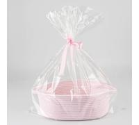 Panier Cadeau Vide à Garnir en Corde de Coton, Panier Rangement Bébé Tissé avec Sac Transparent et Ruban, Panier de Présentation Tressé pour Pâques, Mariage, Anniversaire (rose) 30 x 20 x 12 cm