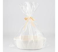 Panier cadeau vide à garnir en corde de coton tressée - Corbeille de présentation avec sac transparent et ruban - Panier en corde de coton tressée pour anniversaires et rangement, blanc, standard