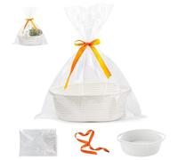 Panier Cadeau Vide à Garnir Tressé, Boite Cadeau Vide Avec Sacs Cadeaux Transparents Et Rubans, 30 X 20 X 12 Cm, Panier Garni, Pour Halloween, Thanksgiving, NoëL, Rangement. (Blanc)
