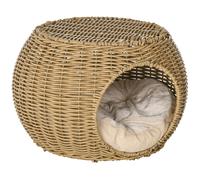 PawHut Niche pour Chat lit pour Chat Panier Chat masion de Chat en résine tresée Imitation rotin Coussin Doux Ø 40 x 30 cm Marron Clair