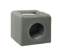 Panier chat pouf 2 en 1 - coussin amovible lavable - MDF PVC tissu aspect lin vert de gris