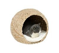 Panier chat style cosy chic quenouille naturelle tressée avec coussin crème Crème G