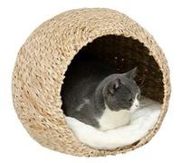Panier chat style cosy chic quenouille naturelle tressée avec coussin crème Crème G