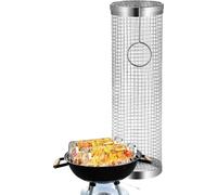 Panier de barbecue cylindrique rond en acier inoxydable avec 1x crochet | Panier de barbecue roulant pour barbecue à gaz, électrique et au charbon de bois | 30 x 9 cm Tube de grillage pour légumes, ch