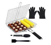 Panier de barbecue - Support portable pliable en acier inoxydable avec poignée pliante, kit complet d'accessoires de grillades pour camping en plein air, barbecue, crevettes, poisson, légumes, cuisson