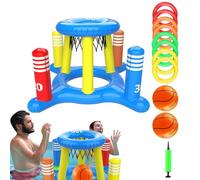 Panier de basket-ball pour piscine - Jeux de jouets de piscine multifonctionnels - Anneau de basket-ball gonflable 2 en 1 pour piscine avec 8 anneaux de lancement, jeu aquatique en plein air pour