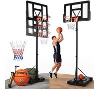Panier de basket d'extérieur avec support et roulettes, hauteur réglable de 135 à 305 cm. Comprend un ballon de taille 7, une pompe et 2 sacs de sable de 25 kg. Portable et résistant aux intempéries