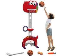 Panier de basket enfant multifonction design dino 3-6 ans - but, golf, 2 jeux de lancer - hauteur réglable - HDPE gris rouge Rouge G