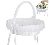 Panier de Cérémonie de Mariage en Dentelle Blanche, Style Romantique | Strass, Polyester et PET, Poignée Nouée et Forme Cubique, pour Pétales et Cortèges