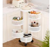 Panier de cuisine rond à 5 niveaux - Étagère de rangement rotative mobile pour légumes, fruits - Panier de rangement rotatif en métal pour fruits, légumes, collations - Blanc