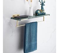 Panier de douche flottant nordique en laiton avec étagères en marbre vert et barre porte-serviettes - Salle de bain murale pour shampooing, cosmétiques et serviettes - Solution de rangement élégante