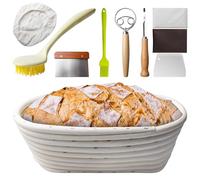 Panier de fermentation ovale - 25 cm - Panier de fermentation ovale pour la cuisson du pain - Corbeille à pain - Accessoires de pâtisserie - Couteau de boulangerie, pinceau, fourchette à pain et
