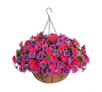 Panier de fleurs artificielles à suspendre avec gloire du matin en soie et doublure en fibre de coco pour porte d'entrée, fenêtre, boîte et étagère (6)