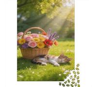 Panier de Fleurs et Chat 1000 Tessere Prairie ensoleillée Puzzle Cartone Di Alta Qualità per Famiglia, Educativo Sfida, Idea Regalo Esclusivo Decorazione Murale 38x26cm/1000pcs