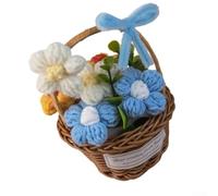 Panier de fleurs tricoté fabriqué à la main dans un pot en osier pour bureau, étagère, décoration de fête des mères, souvenir de Noël - 11 x 13 cm (bleu)