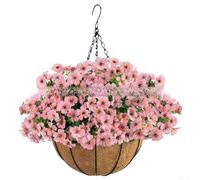 Panier de fleurs violettes artificielles avec kit d'installation complet comprenant panier, mousse et herbe en plastique, conçu pour la décoration intérieure et extérieure (rose)