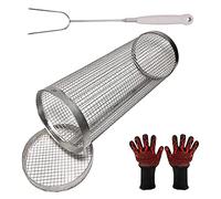 Panier de gril roulant pour barbecue, panier de gril cylindrique en treillis métallique en acier inoxydable, avec gants de gril et fourchette de gril pour frites, poisson, polyvalent (taille : petit