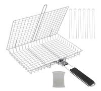 Panier de grillade Grand Format, avec 6 brochettes Barbecue, Pinceau en Silicone, Brosse de Nettoyage, poignée en Bois Pliable, Panier à Poisson pour Viande, légumes, Fruits de mer, 46,5 x 32 x 4 cm