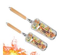 Panier de Grillade Roulant - Panier À Légumes Pour Barbecue,2 Pièces Ustensiles Barbecue en Acier Inoxydable Pliable avec Manche en Bois pour Légumes et Crevettes