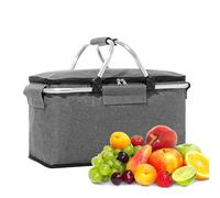 Panier de Magasinage 18L, Panier de Pique Nique, Isolation et Refroidissement dans Le Panier Ouvert Pliable avec Deux Poignées pour Voyager/Pique Nique/Shopping/Cadeau (Gris)