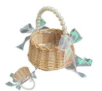 - Panier de mariage - Panier de mariage en rotin de 20 cm - Design de poignée de perles - Décoration de mariée rustique - Élégant panier de demoiselle d'honneur pour cérémonie de mariage, accessoires