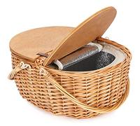 Panier de pique-nique en osier avec glacière, couvercle fendu en bois, panier de pique-nique en osier de style vintage avec poignée tissée pliable pour pique-nique, camping, extérieur, Saint-Valentin