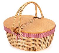 Panier de pique-nique en osier avec insert, couvercle en bois divisé, panier en osier de style vintage avec poignée tissée pliable pour camping, remerciement, anniversaire (Rouge)