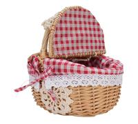 Panier de pique-nique en osier, grand panier ovale avec poignée et couvercle à double ouverture, doublure amovible, idéal pour les pique-niques, le camping et la cueillette de légumes (plaid rouge)