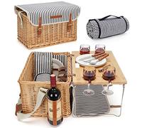 Panier de pique-nique en osier pour 4 ou 4 personnes - Kit de pique-nique en osier avec couverture, table portable en bambou pour le camping et les fêtes en plein air