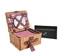 Panier de Pique-Nique Personnalisable en Osier Naturel - 2 ou 4 Personnes - Rouge, Bleu ou Vert - Assiettes & Verres Gravables, Plateau en Ardoise & Étiquette en Cuir - Compartiment Isotherme