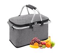 Panier de Pique-Nique Pliable, Sac Isotherme 30L, Panier Thermique avec Poignée, Panier à Provisions, Grande Capacité, pour Camping, Voyages, Shopping, Activités de Plein Air (Gris)