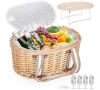 Panier de Pique-Nique Zettfuly pour 4 Personnes - Panier en Osier Isotherme avec Table à vin Pliante, kit de Pique-Nique à vin avec Doublure pour Couples, Camping, extérieur, Saint-Valentin (Feuille)