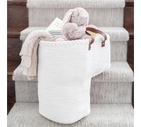 Panier de rangement à anses en corde de coton pour escaliers en bois et en moquette, convient pour ranger des jouets, du lingue, dans une chambre d’enfant, 40 x 20 x 40 cm (L x l x H), blanc crème
