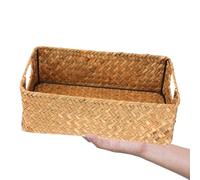 Panier de Rangement Anses Tressé en Jonc de Mer Rectangulaire Jaune | Style Rétro Décoratif, Corbeille Osier pour Jouets, Serviettes, Produits Divers, Chambre, Étagère ou Bureau Couleur Aléatoire