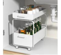Panier de Rangement avec 2 tiroirs, Meuble sous-évier de cuisine à 2 étages, Etagère Coulissant pour Cuisine P40xL26xH40 cm, Blanc