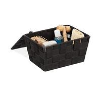 Panier de rangement avec couvercle, lot de 3, aspect tressé, bôite de rangement, HxlxP 10,5x19,5x14,5 cm, plastique,noir