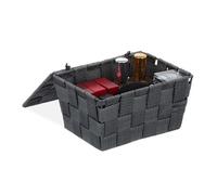 Panier de rangement avec couvercle, lot de 3, aspect tressé, bôite de rangement, HxlxP 10,5x19,5x14,5, plastique, gris