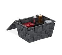 Panier de rangement avec couvercle, lot de 3, aspect tressé, bôite de rangement, HxlxP 10,5x19,5x14,5, plastique, gris
