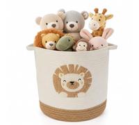 Panier de Rangement Bébé avec Motif Lion, 30x30 cm Panier à Linge en Corde de Coton, Pliable Panier à Jouets pour Enfant, Chambre, Salle de Bain - Blanc