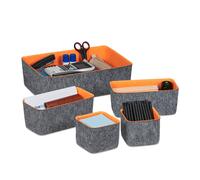 Relaxdays Paniers de Rangement en Feutre, Lot de 5, Organiseur de tiroir pour Bureau, 3 Tailles, corbeilles, Gris/Orange