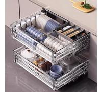 Panier de rangement coulissant en acier inoxydable avec bac de récupération, organiseur d'armoire coulissant avec guide d'amortissement, pour placard de cuisine, organiseur d'ustensiles de cuisine av